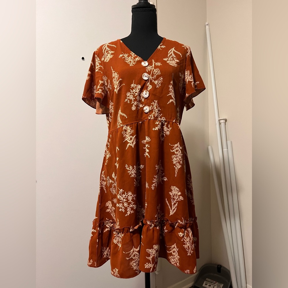 brown orange floral tiered shirt dress large